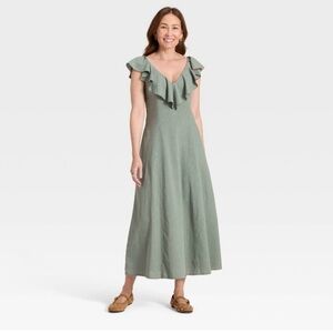 Universal Thread Light Sage Ruffle V‑Neck Maxi Dress